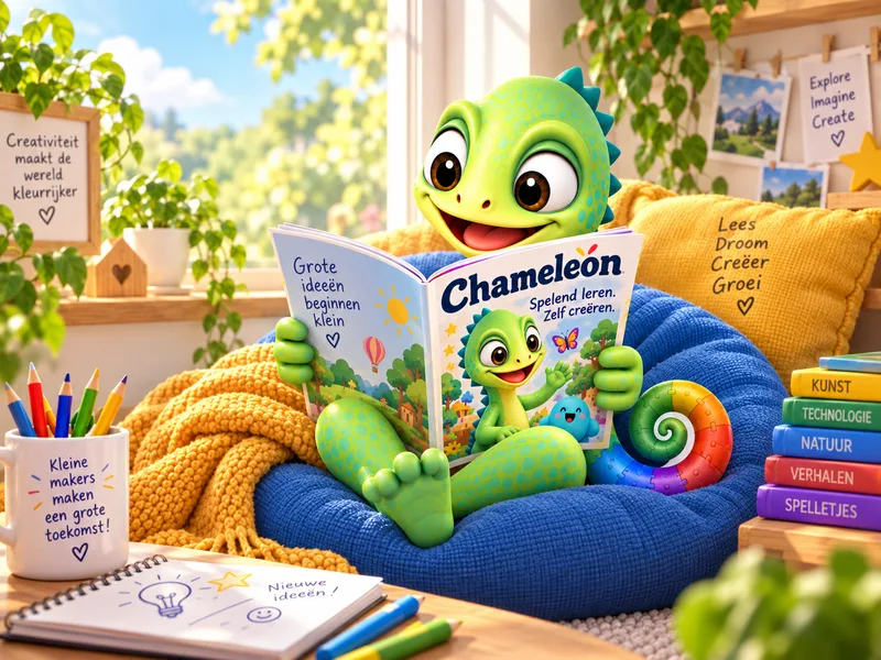 Pli leest Chameleon in een stoel, omringd door boeken over natuur, technologie en creativiteit.