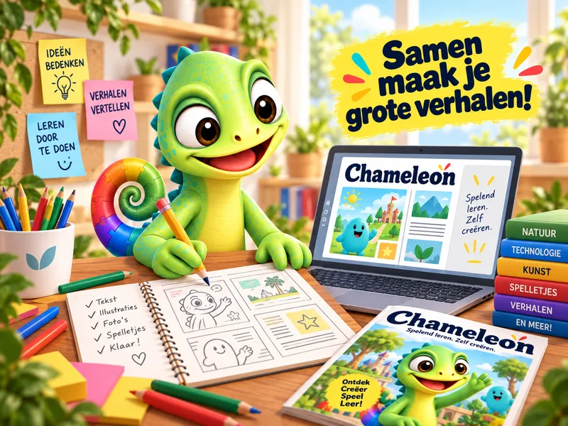 Pli bedenkt een project aan een bureau met een schetsboek en het Chameleon magazine.
