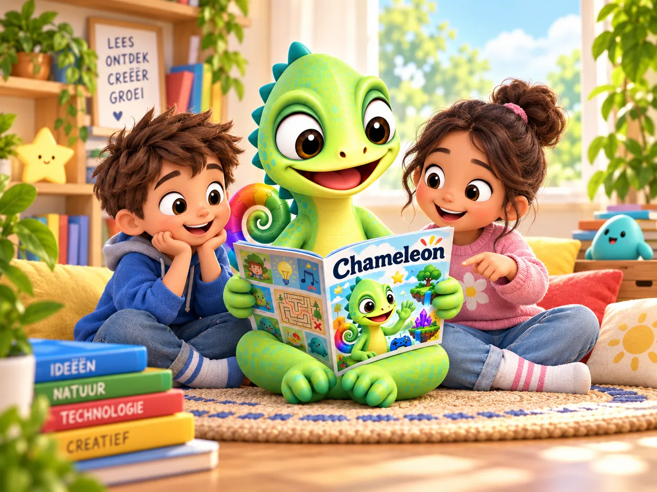 Twee kinderen ontdekken samen met Pli het Chameleon magazine op de bank.