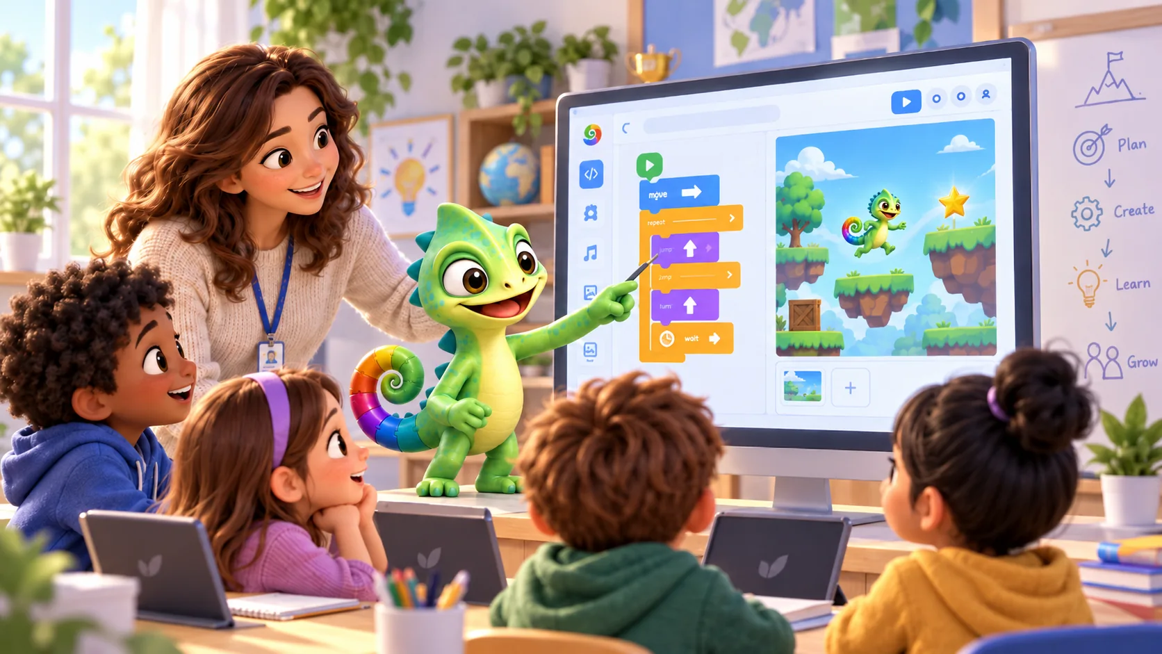 Illustratie van een leerkracht, leerlingen en Pli die samen een programma met blokken ontdekken.