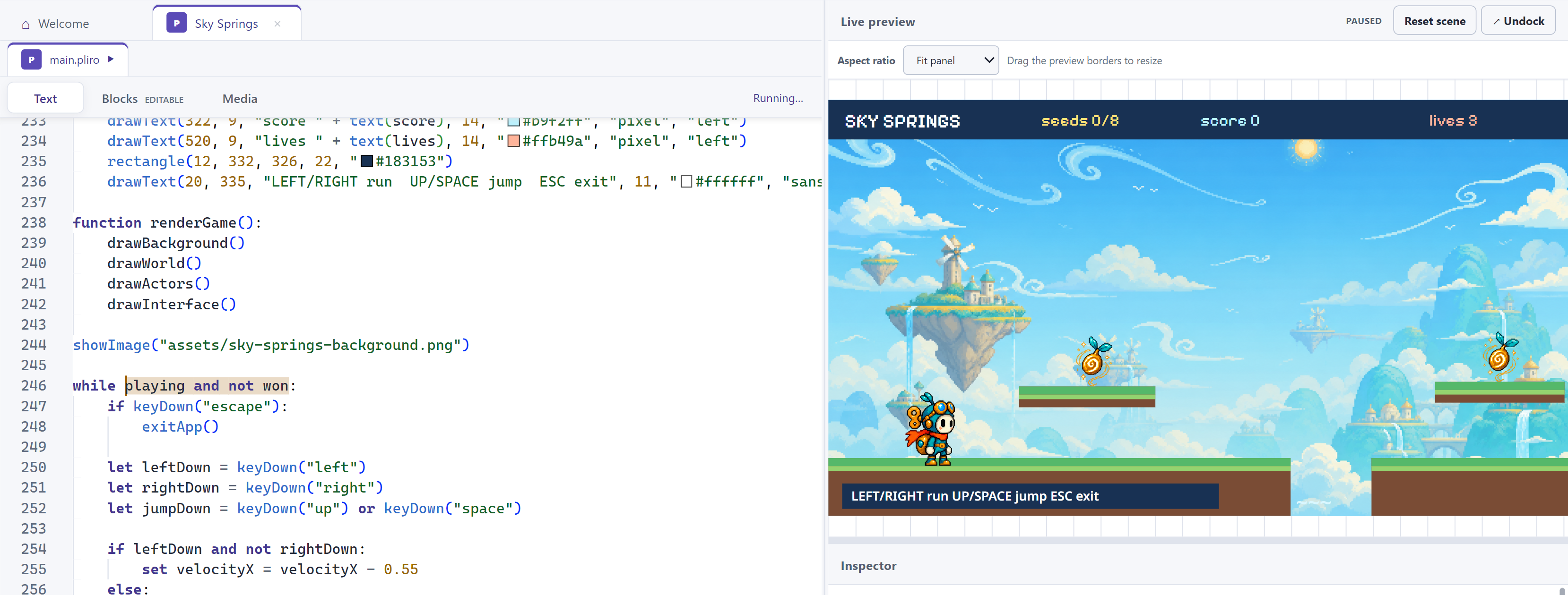 The Sky Springs platform game in the Pliro editor