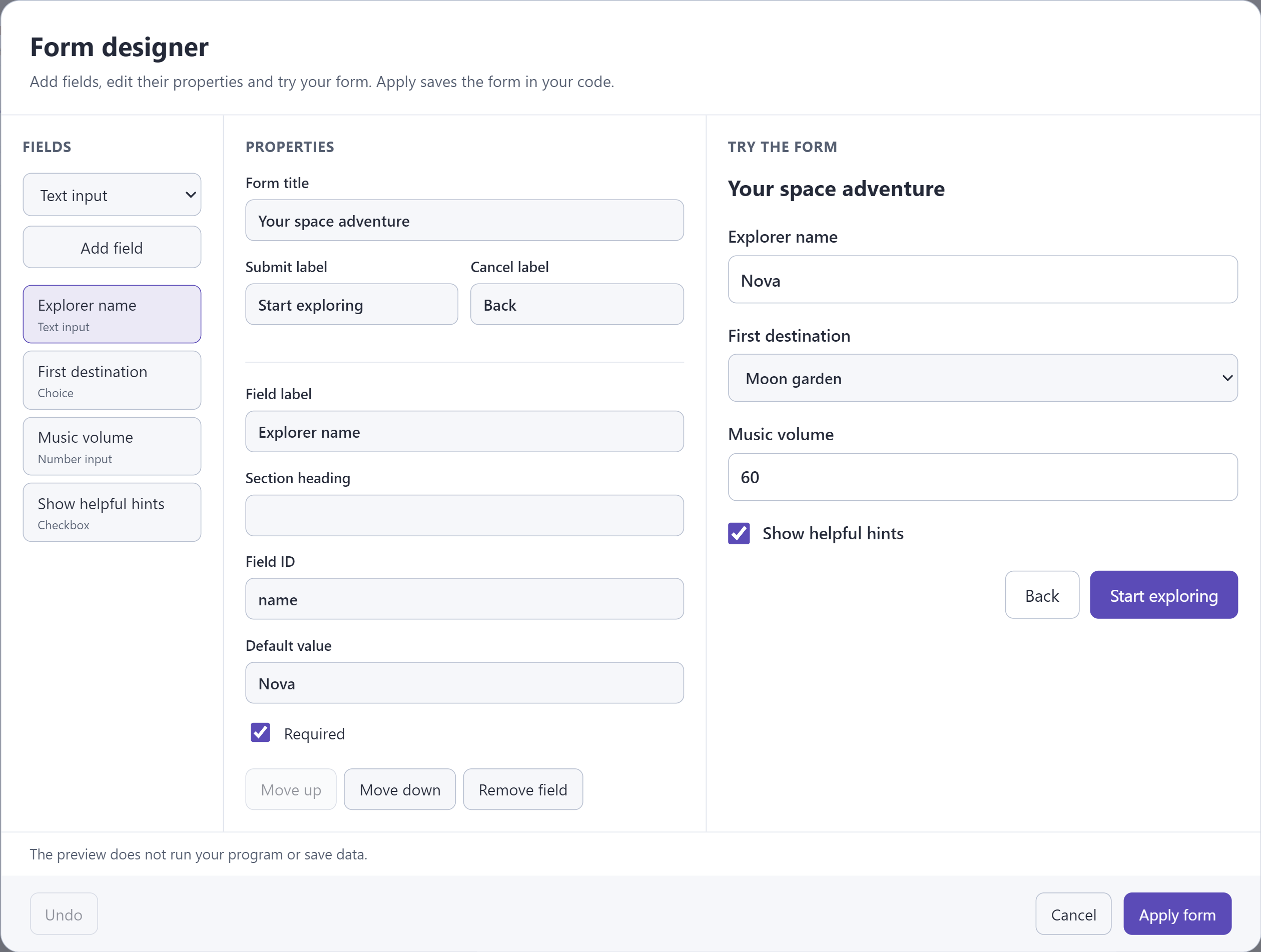 The Pliro form designer with fields and a live preview