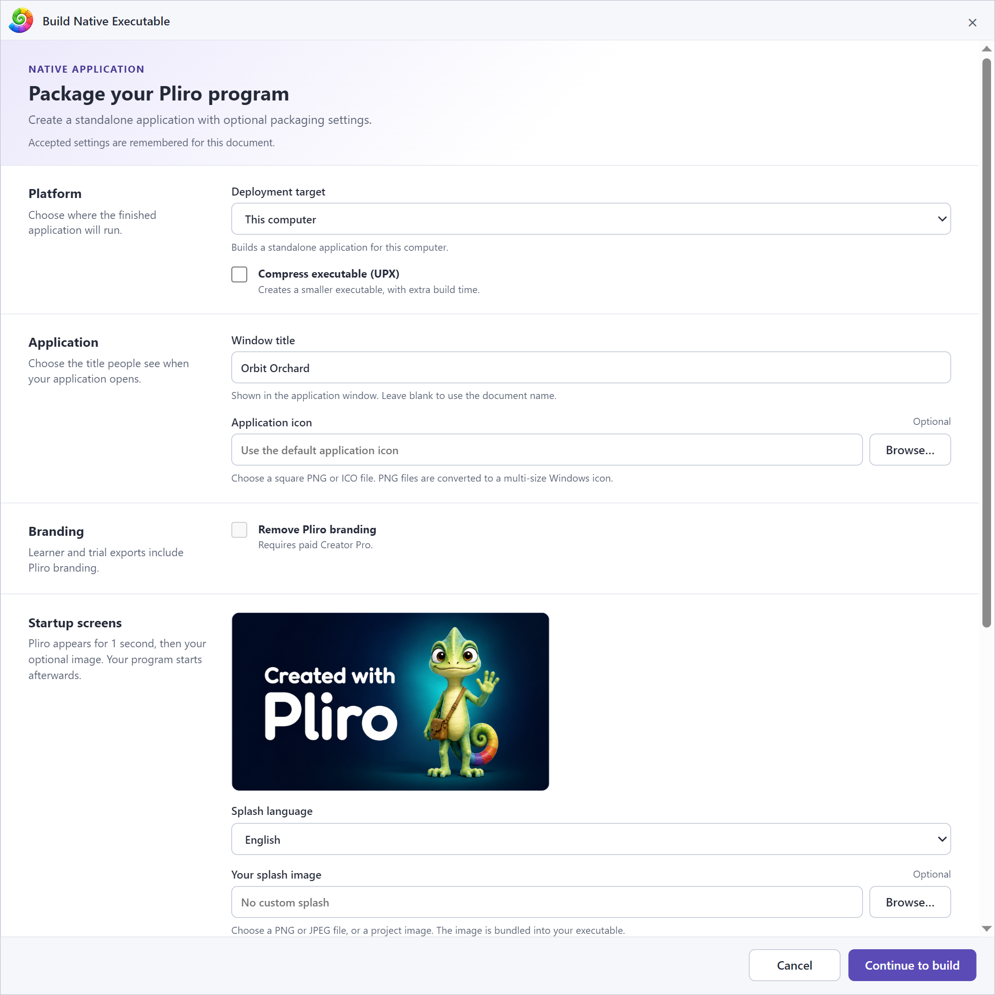Pliro export window for creating a standalone app