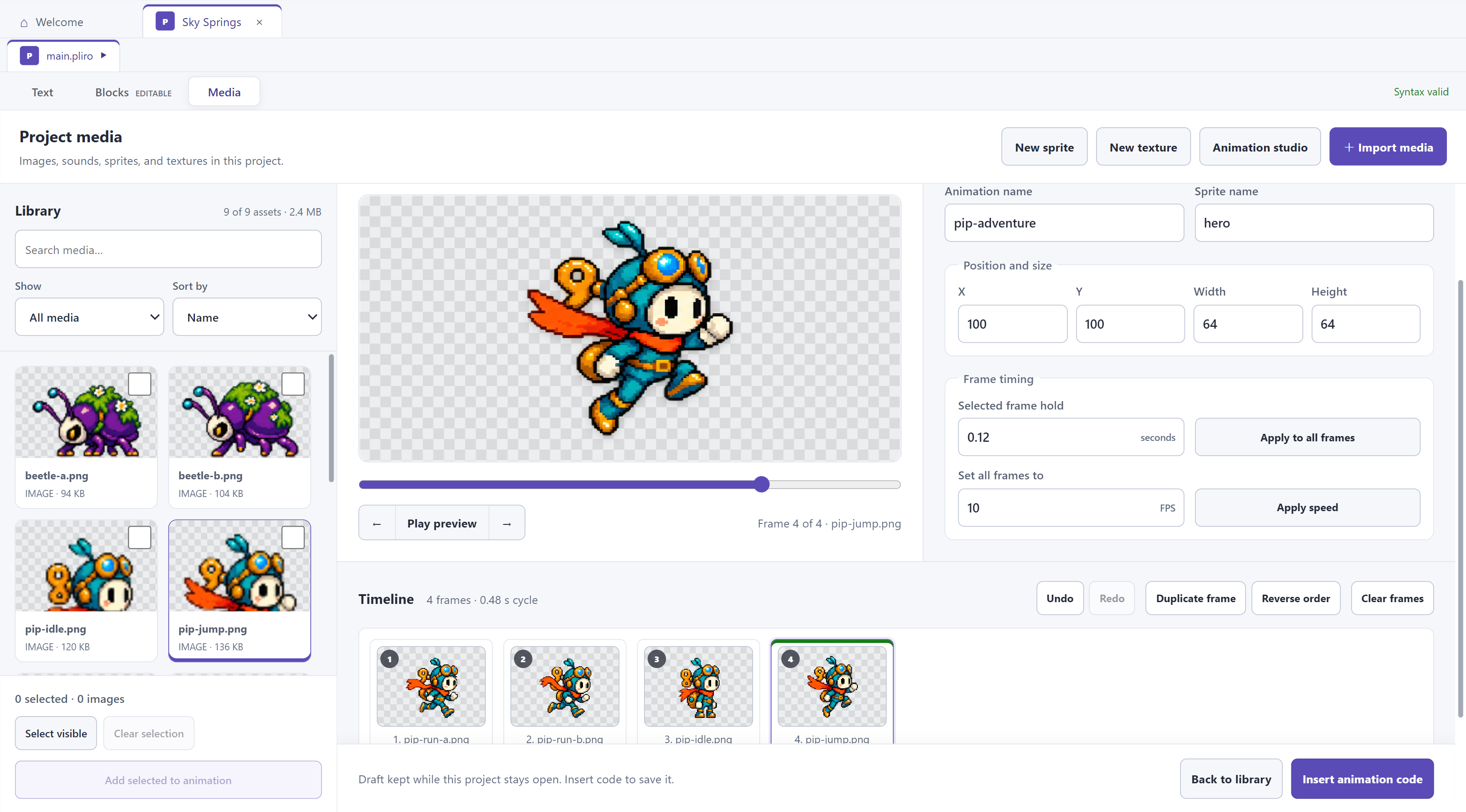 Pliro Animation Studio with frames, a timeline and a character preview
