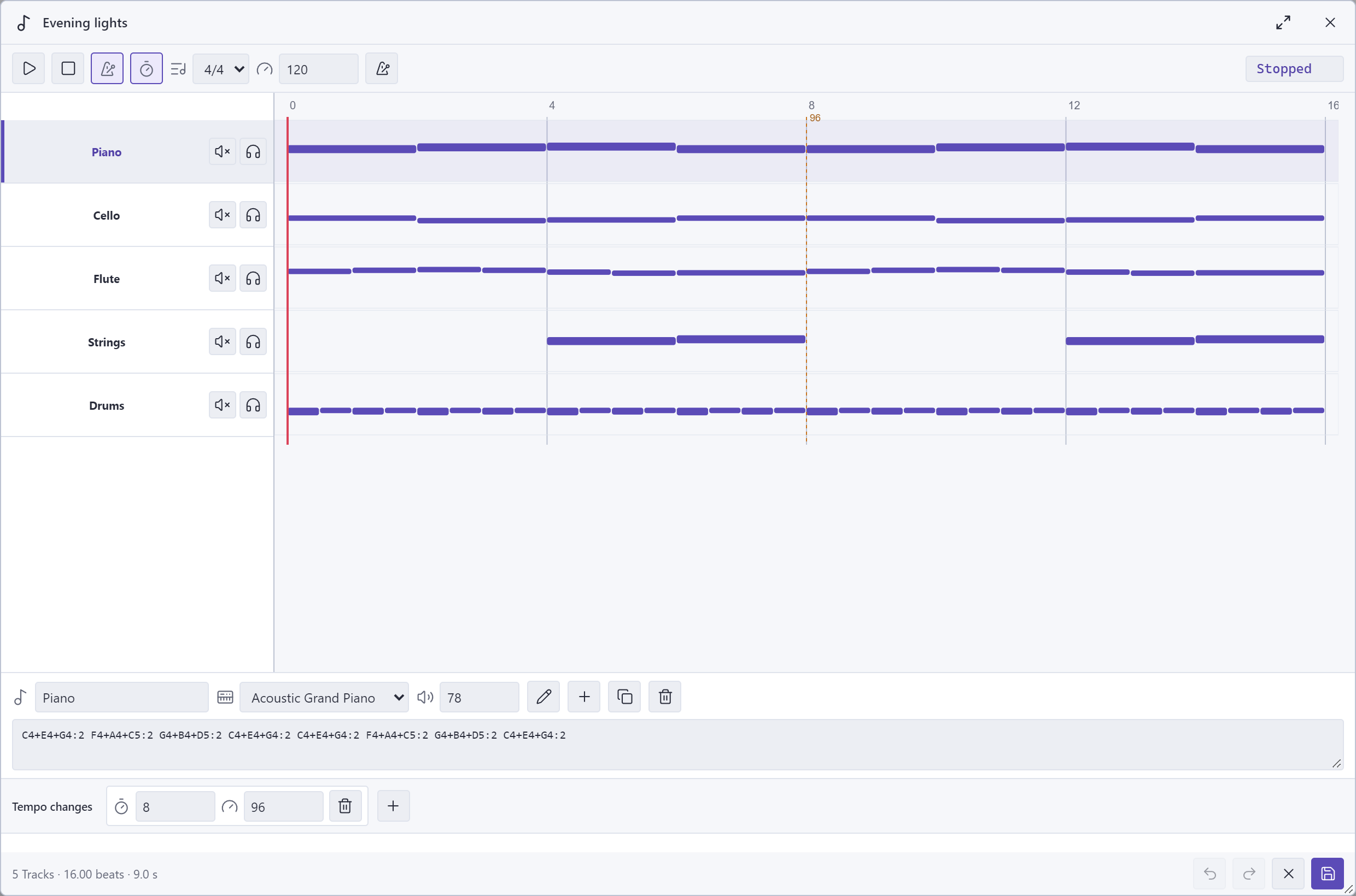 Creator Pro music composer interface with instrument tracks, shown in an earlier browser capture