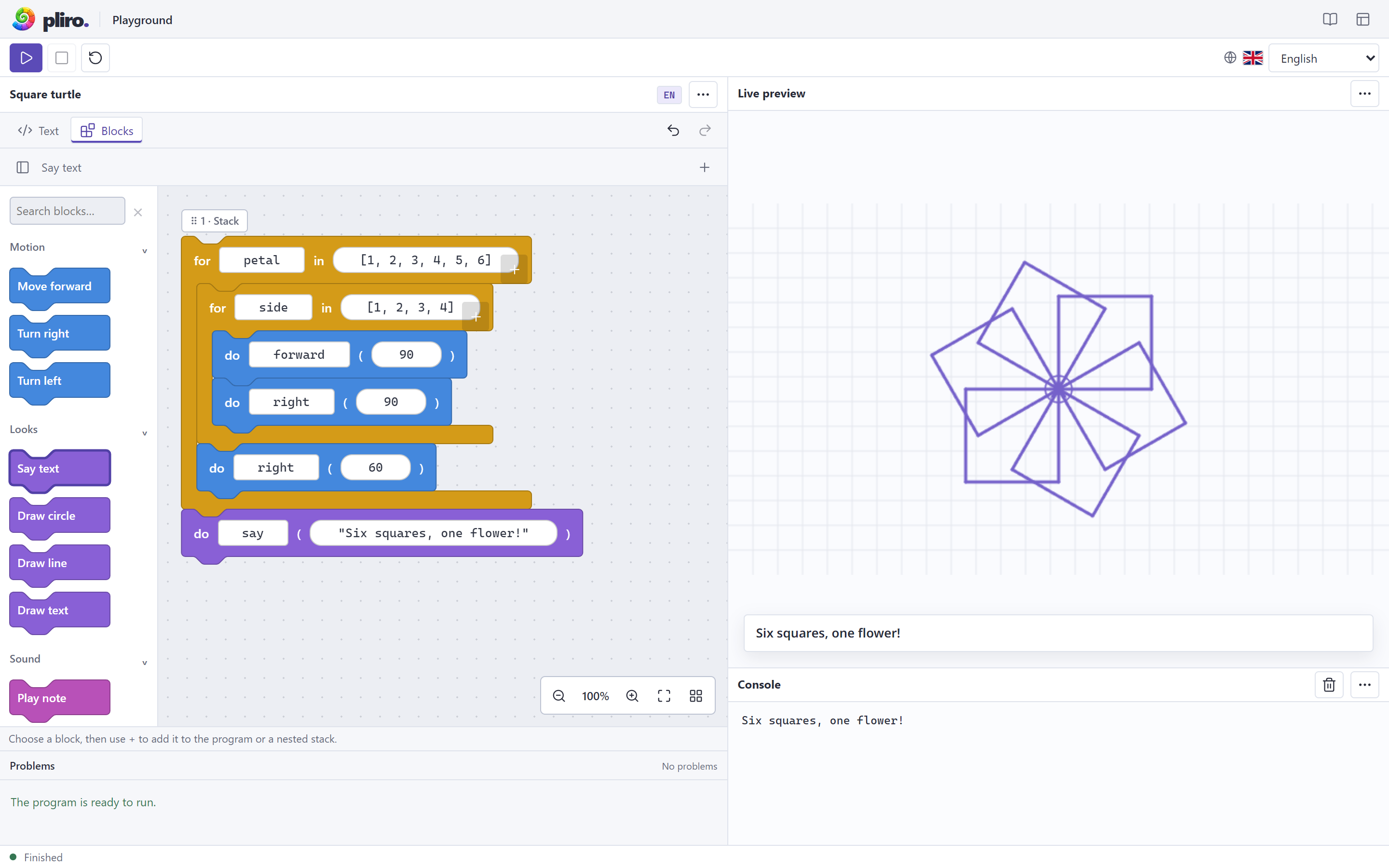 The Pliro playground with editable blocks, a block palette and a live preview