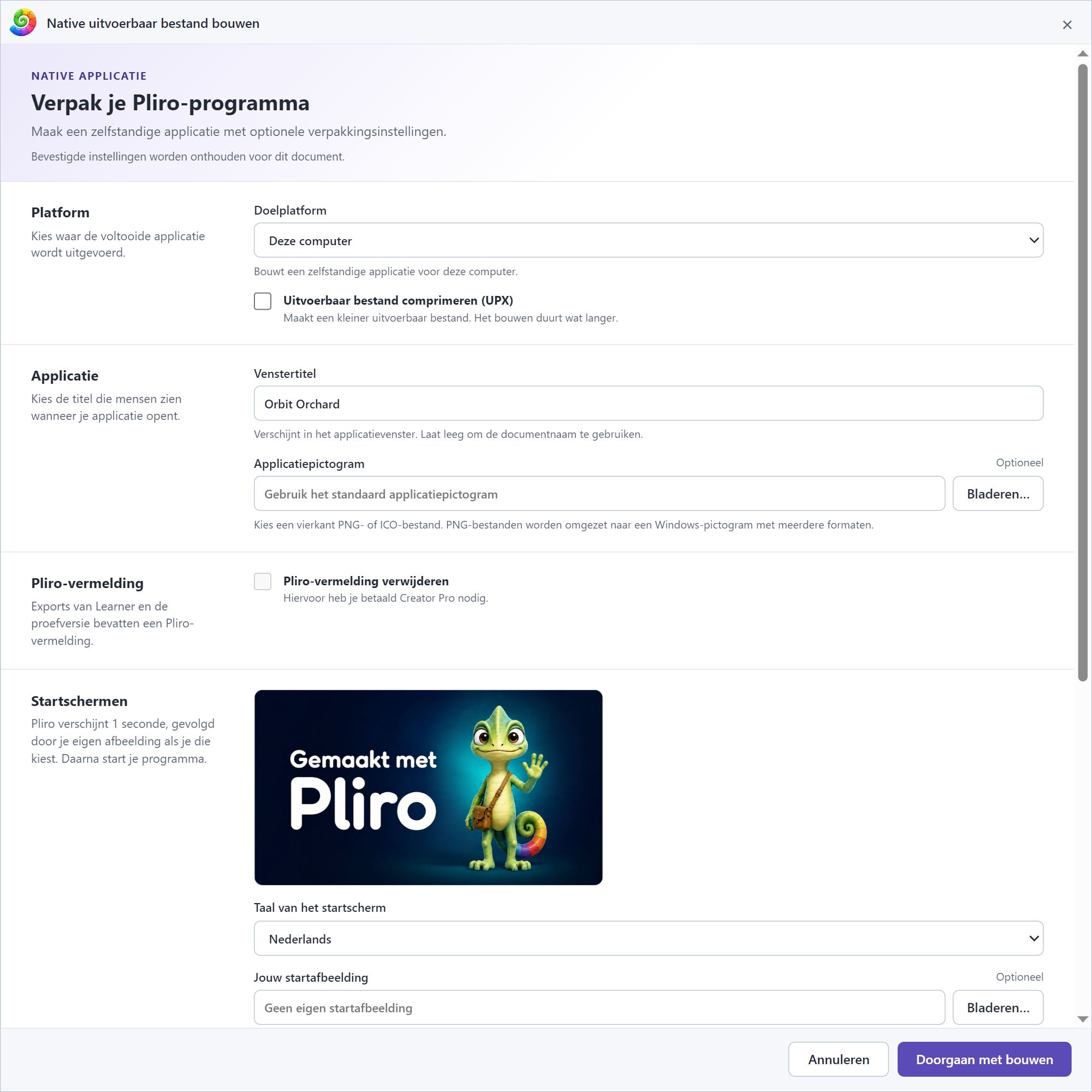 Het exportvenster van Pliro voor het maken van een zelfstandige app