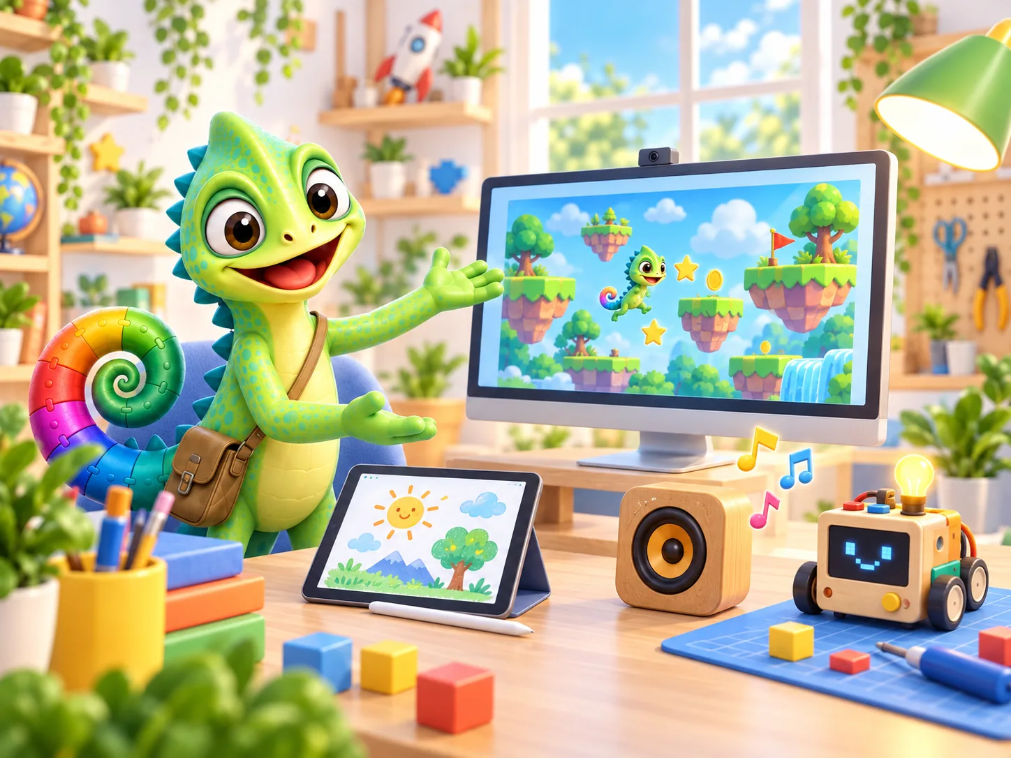 Illustration of Pli in a bright creative studio with a homemade game on the screen.