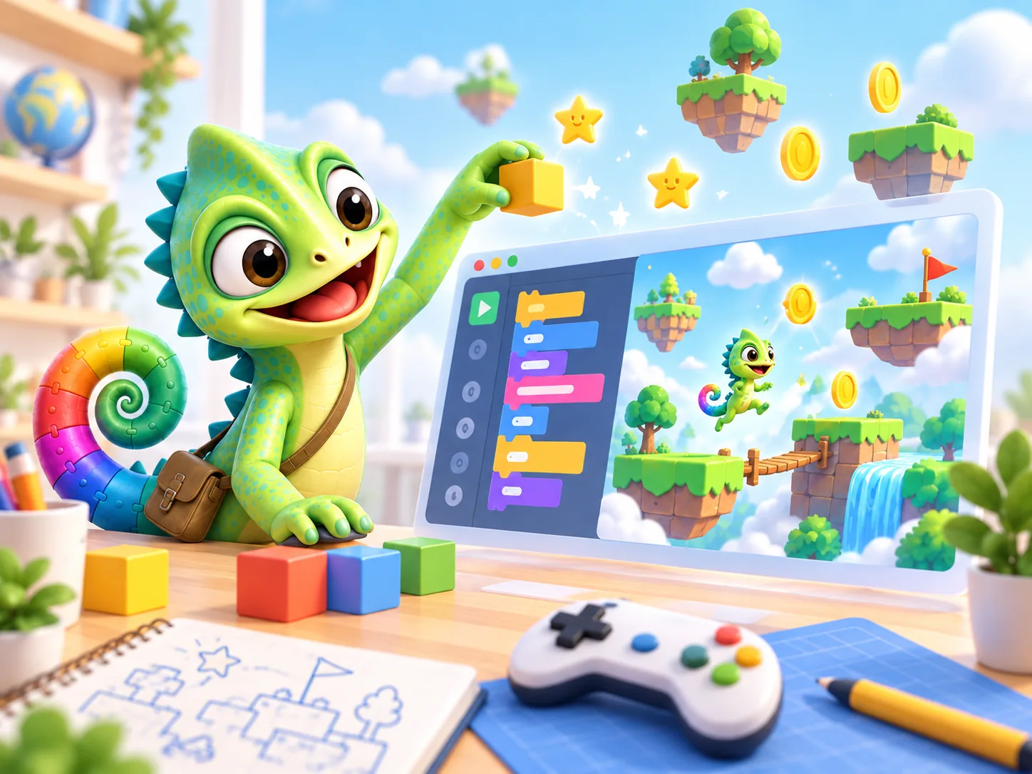 Illustratie van Pli die een eigen game maakt met blokken, platforms en een gamecontroller.